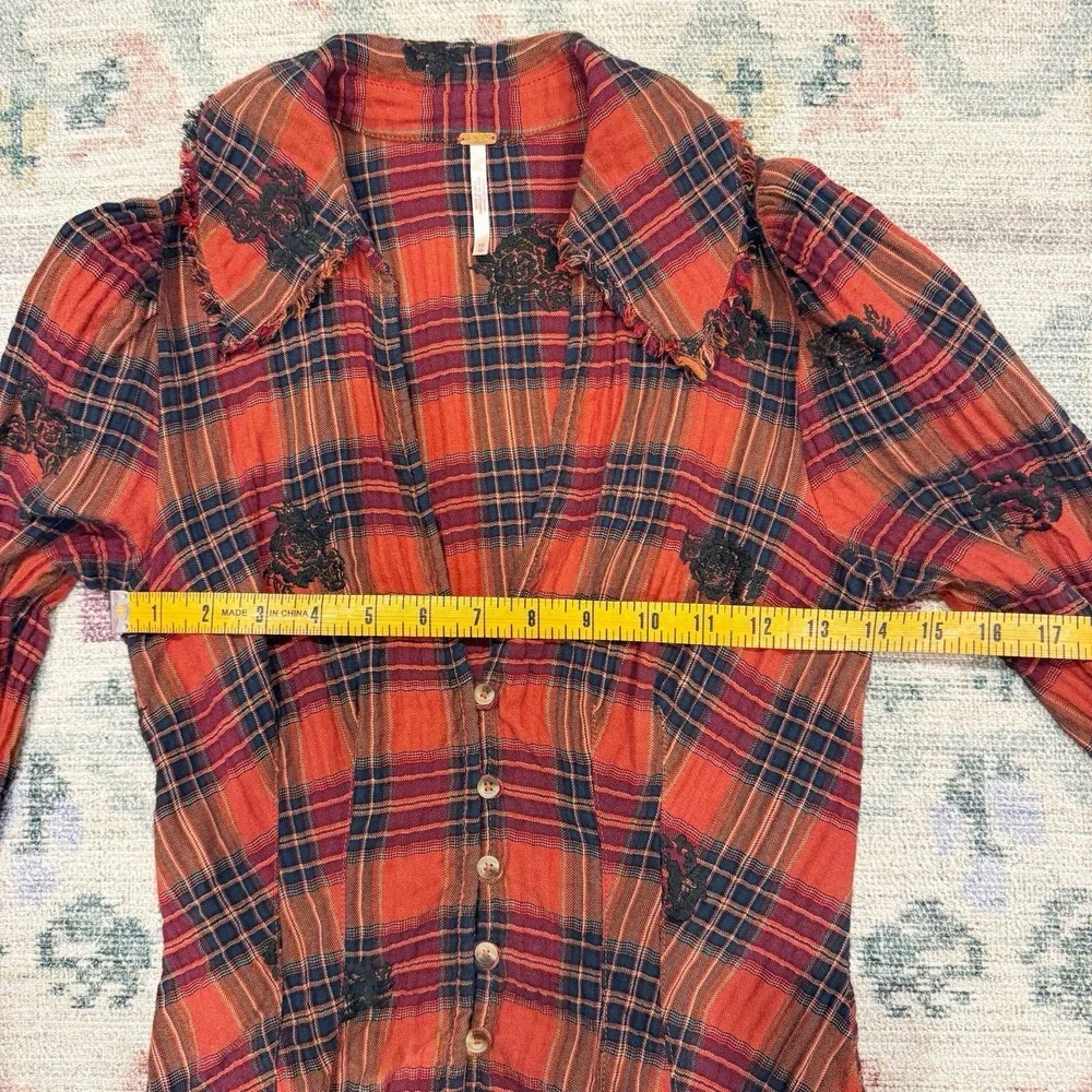 Free People Plaid Embroidered Tunic XS Boho Indie Hippie Bell Sleeve Raw Hem